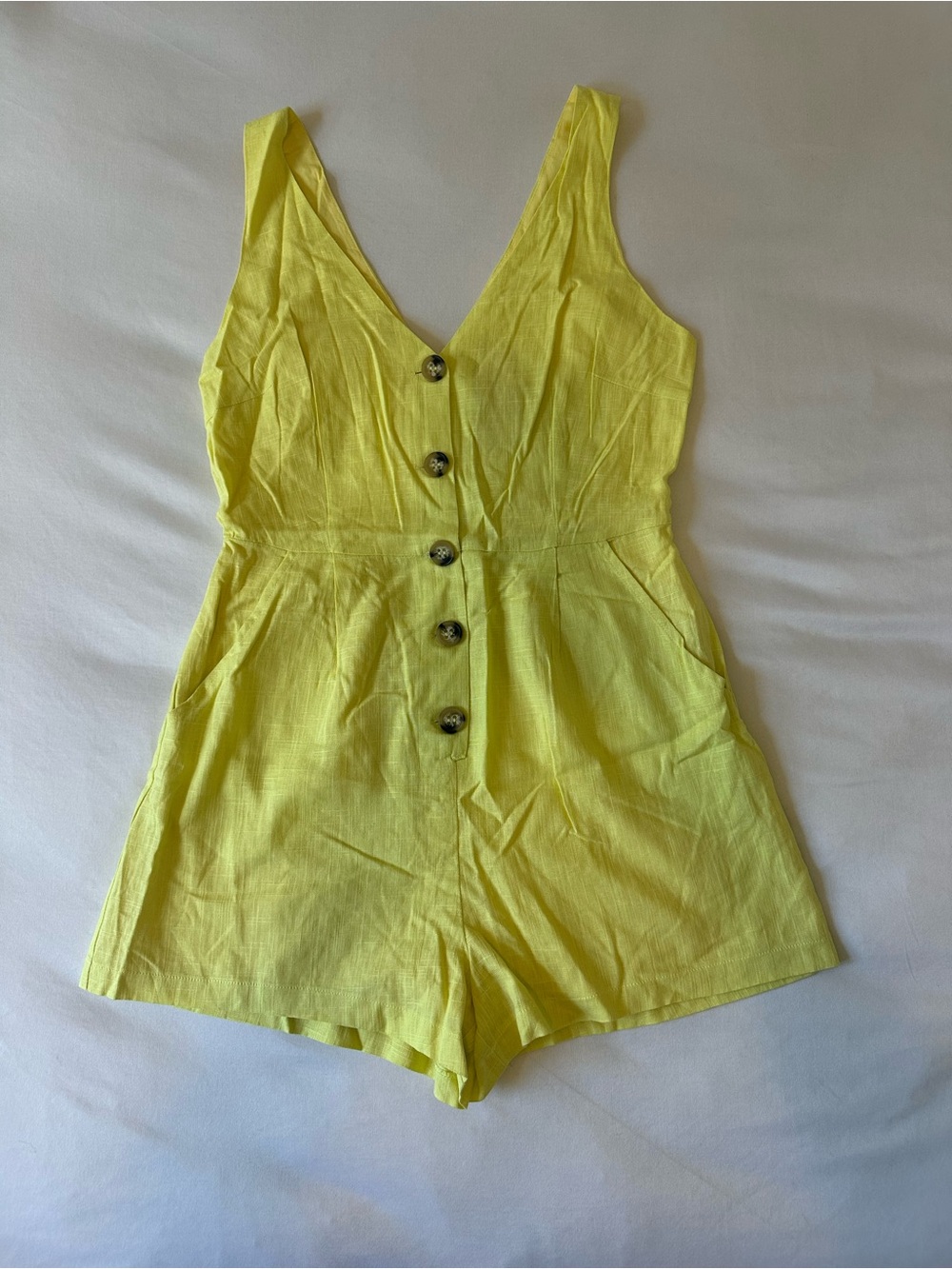 Yellow Button-Front Linen Romper, sz Medium